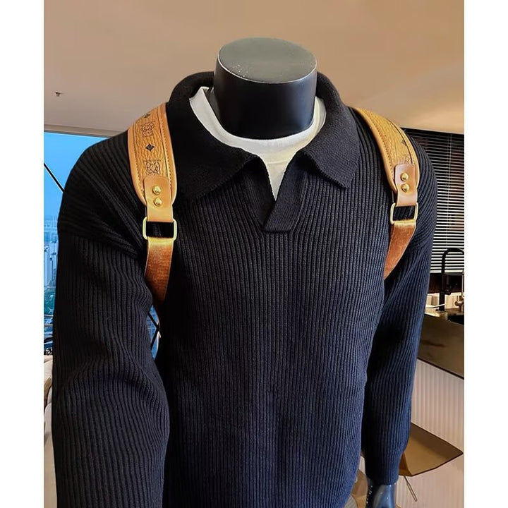 Herren Struktur-Strickpullover mit Polokragen und V‑Schlitz Drune