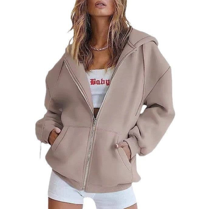 Damen nan oversized Kapuzenjacke mit durchgehendem Reißverschluss Kängurutaschen und weichem Sweatmaterial Drune