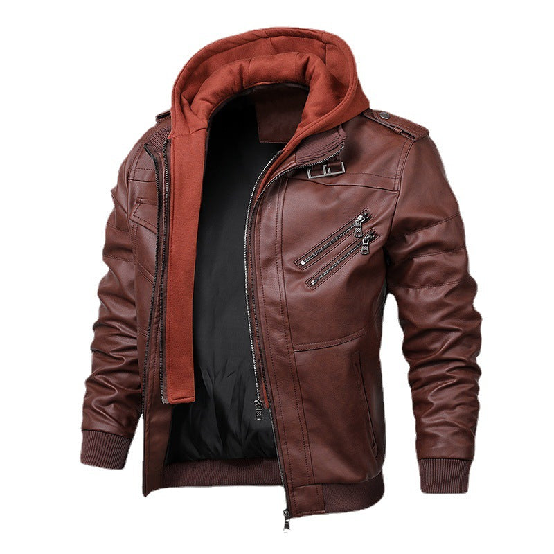 Herren Lederimitat-Fieldblouson mit innenliegendem Hoodie, Reißverschluss-Brusttaschen und Rippbündchen Drune