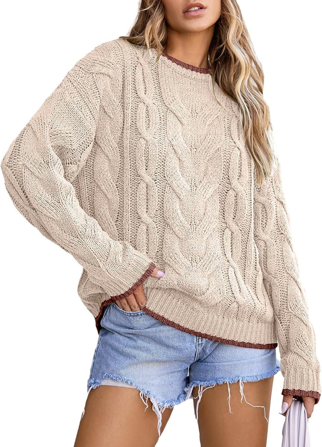 Damen Strickpullover mit grobem Zopfmuster Drune
