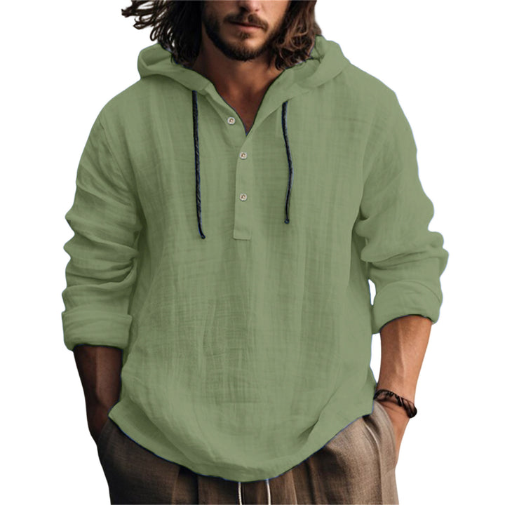 Herren Leichtes Kapuzenhemd im Leinenlook mit Henley-Knopfleiste Drune