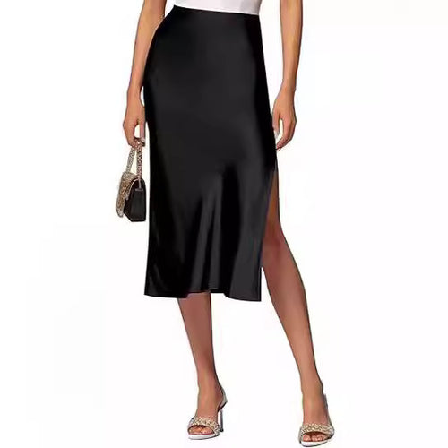 Damen Satin-Midirock mit hohem Schlitz Drune