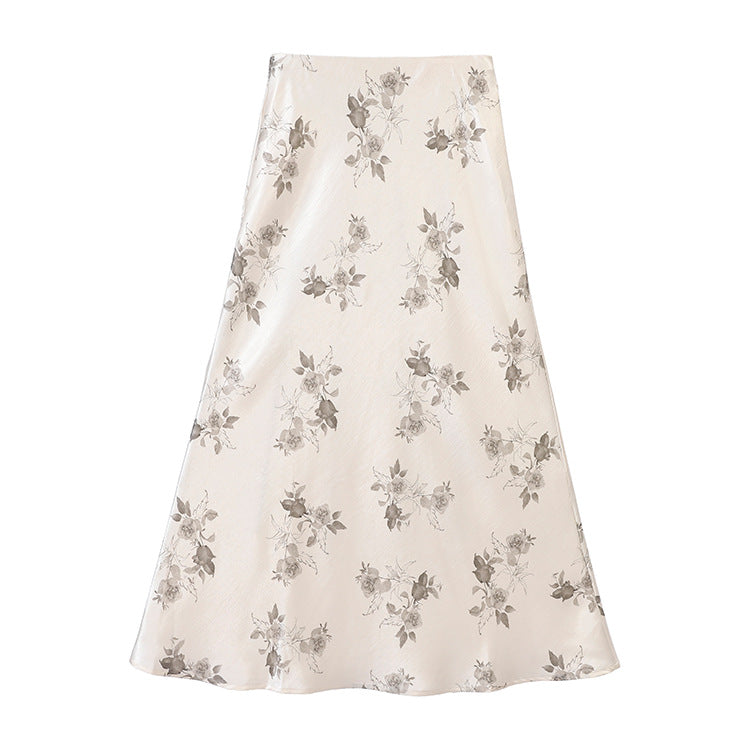 Damen nan taillenhoher A-Linien-Midirock aus jacquardähnischem Satin mit floralem Relief Drune