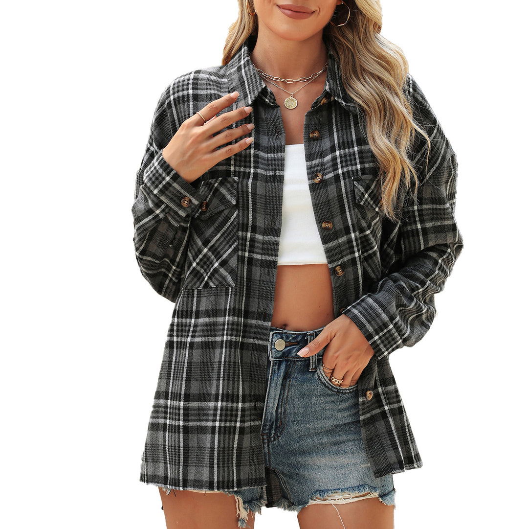 Damen karierte Hemdbluse mit oversized Schnitt und Brusttaschen Drune