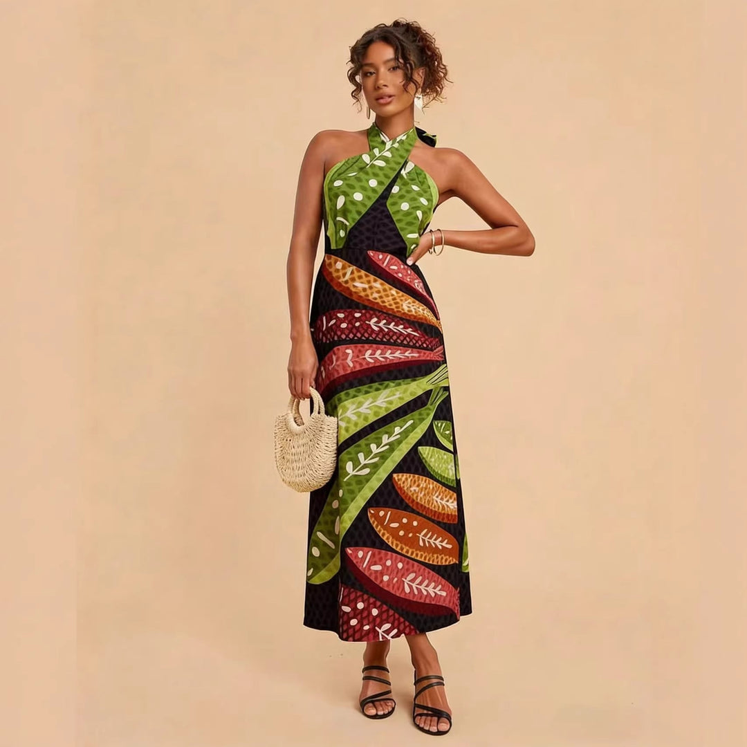 Damen Halterneck Maxikleid mit buntem Blattdesign und schwingendem Schnitt Drune