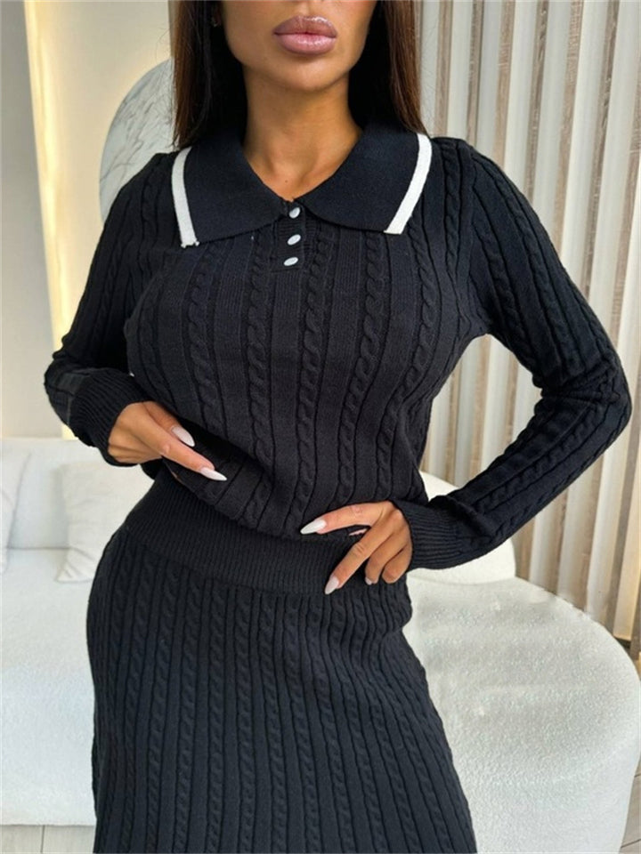 Damen Zweiteiliges Zopfstrick-Kleid mit Taillenbund und Polokragen Drune