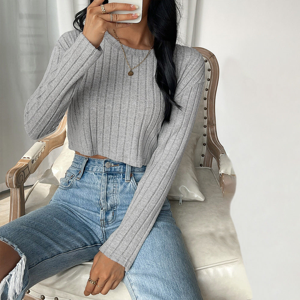 Damen kurzes geripptes Cropped-Strickoberteil mit Rundhalsausschnitt und tailliertem Schnitt Drune