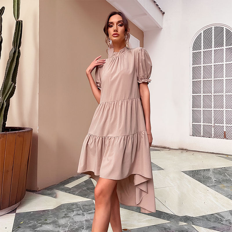 Damen lässiges Sommerkleid mit voluminösen Puffärmeln und elegantem asymmetrischem Saum Drune