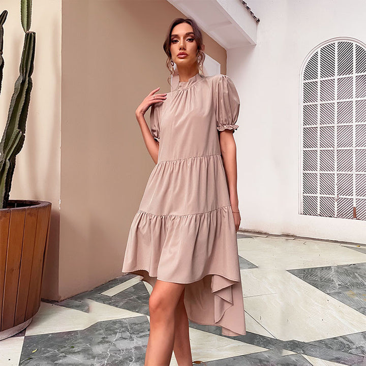 Damen lässiges Sommerkleid mit voluminösen Puffärmeln und elegantem asymmetrischem Saum Drune
