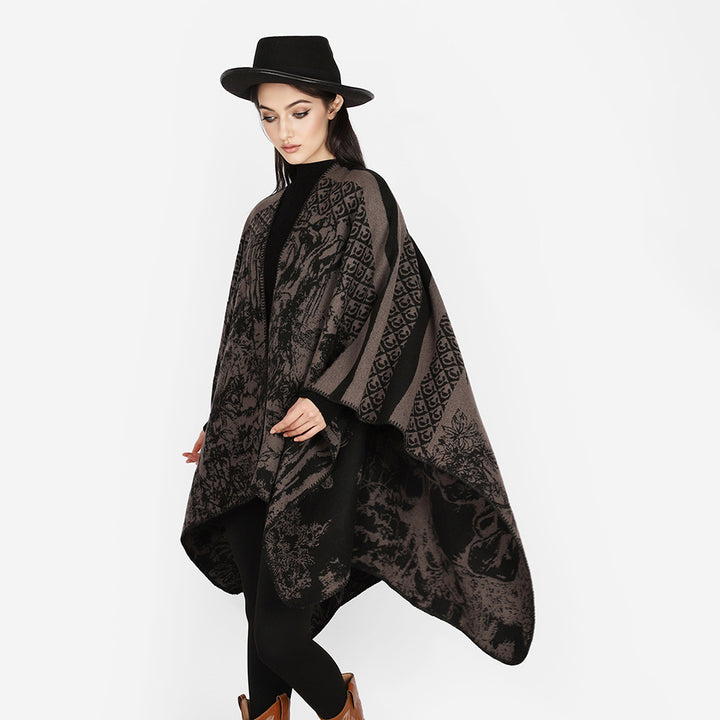 Damen Luxuriöser Jacquard-Motivponcho mit asymmetrischem Zipfelsaum Drune