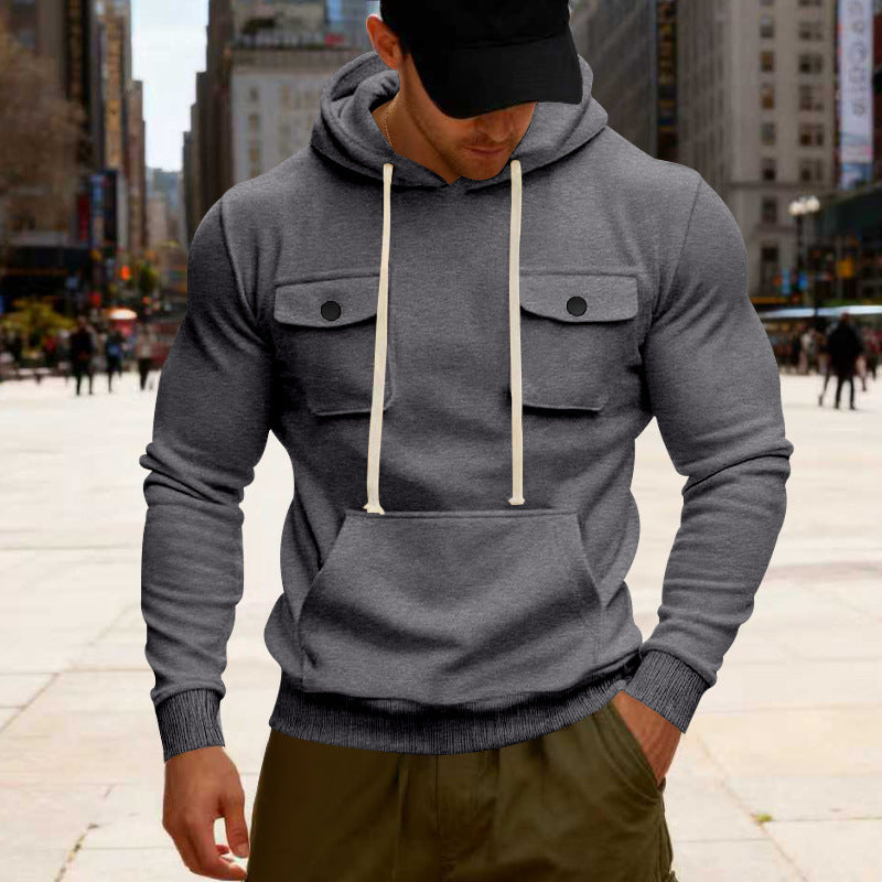 Herren nan urbaner Kapuzenpullover mit Brustklappen, Kängurutasche und athletischem Schnitt Drune