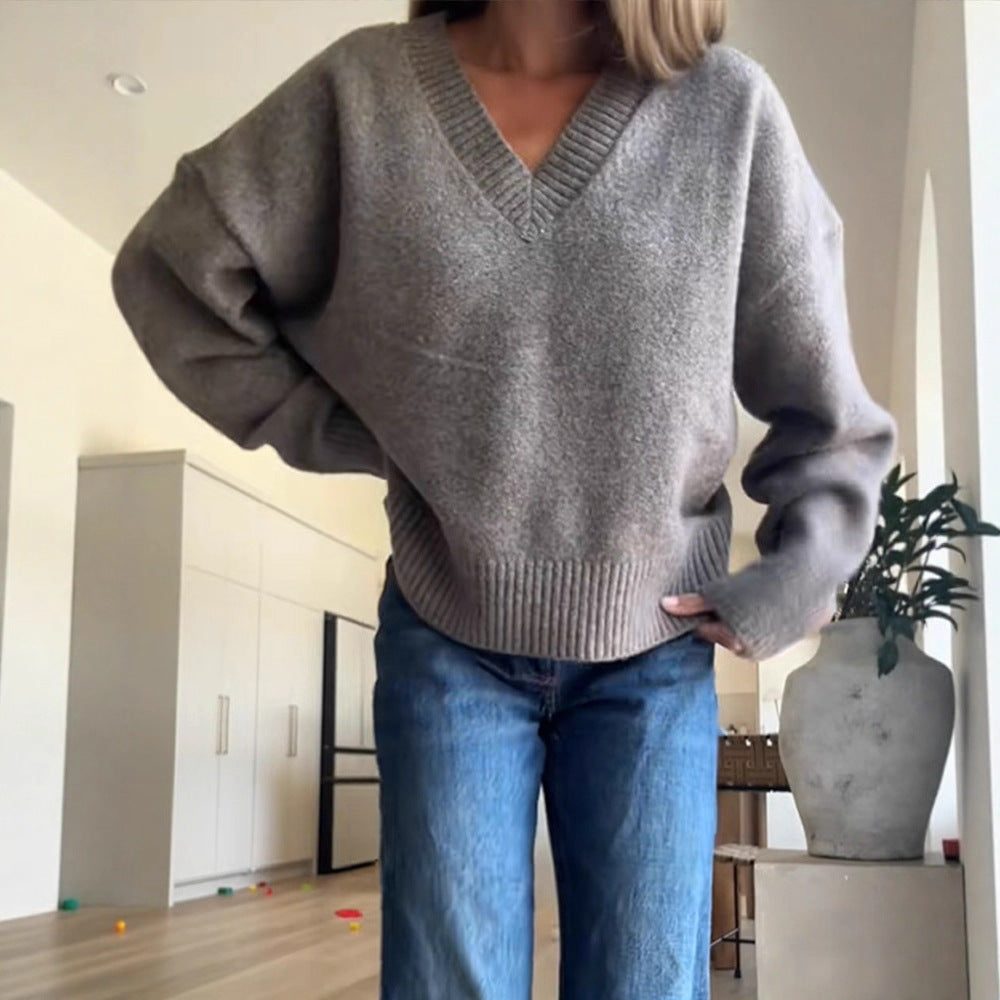Damen Oversized V-Ausschnitt Strickpullover mit geripptem Saum Drune