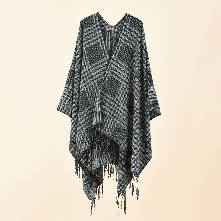 Damen Ruana-Poncho mit V‑Ausschnitt, kastigem Kimono-Fall und Fransensaum Drune