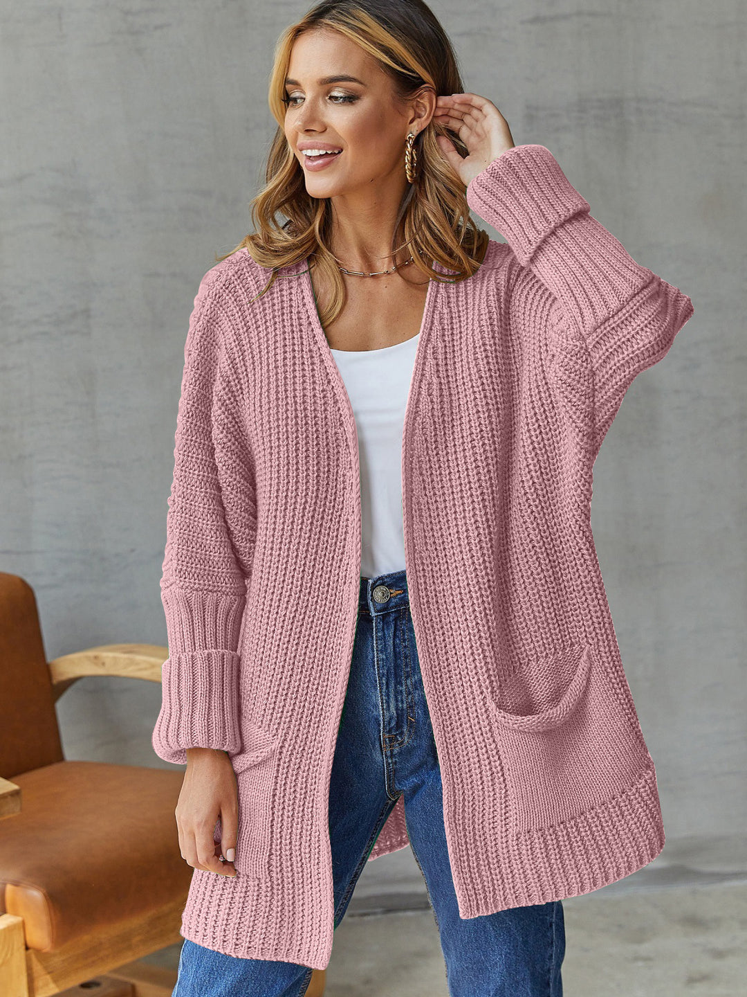 Damen Strickjacke mit offenen Front und großen Taschen Drune