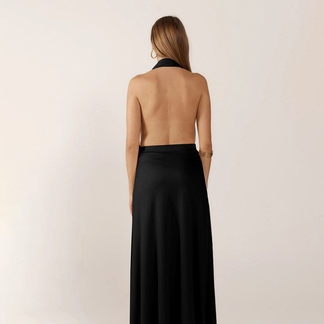 Damen Elegantes Maxikleid mit tiefem V-Ausschnitt und dekorativem Gürtel Drune