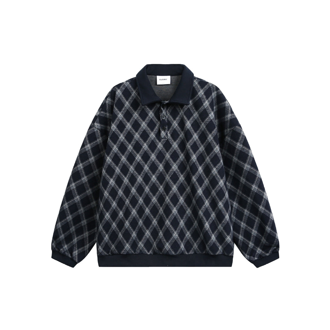 Damen Karierter Oversize‑Polo‑Pullover mit Halbknopfleiste und Rippbündchen Drune