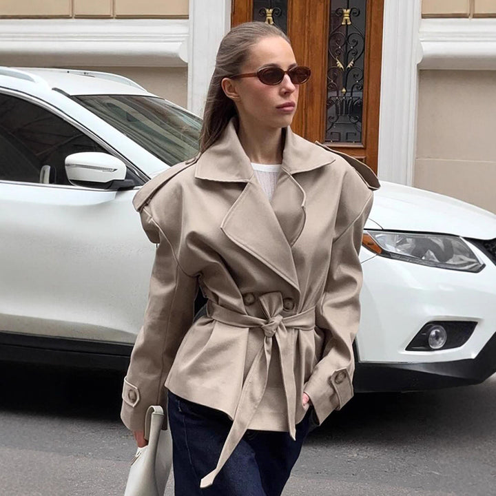 Damen Modischer Trenchcoat mit tailliertem Gürtel und überschnittenen Schultern Drune
