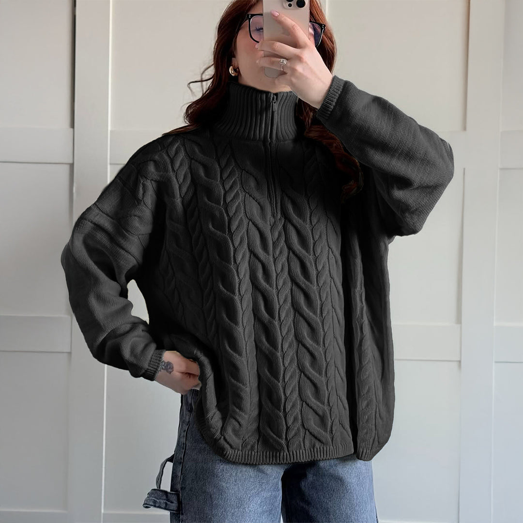 Damen nan oversized Zopfmuster-Troyer mit halbem Reißverschluss, hohem Stehkragen und gerundetem Saum Drune