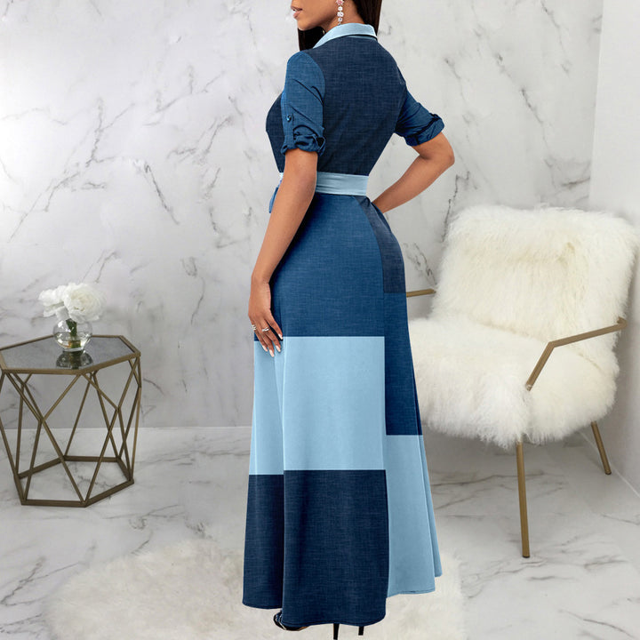 Damen Maxikleid Hemdblusenstil mit Taillengürtel und Blockpatch-Design Drune