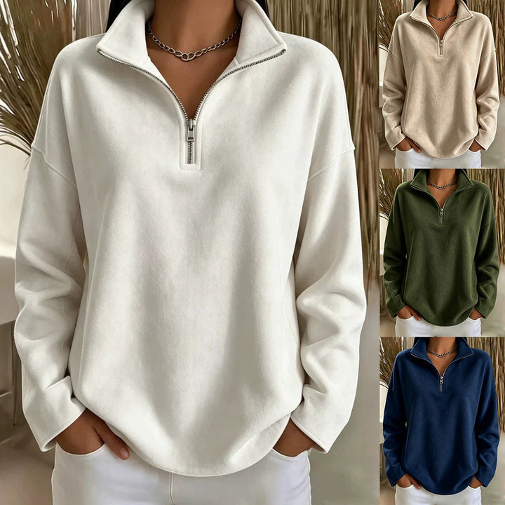 Damen Kuscheliger Oversize-Fleecepullover mit halbem Reißverschluss und Stehkragen Drune