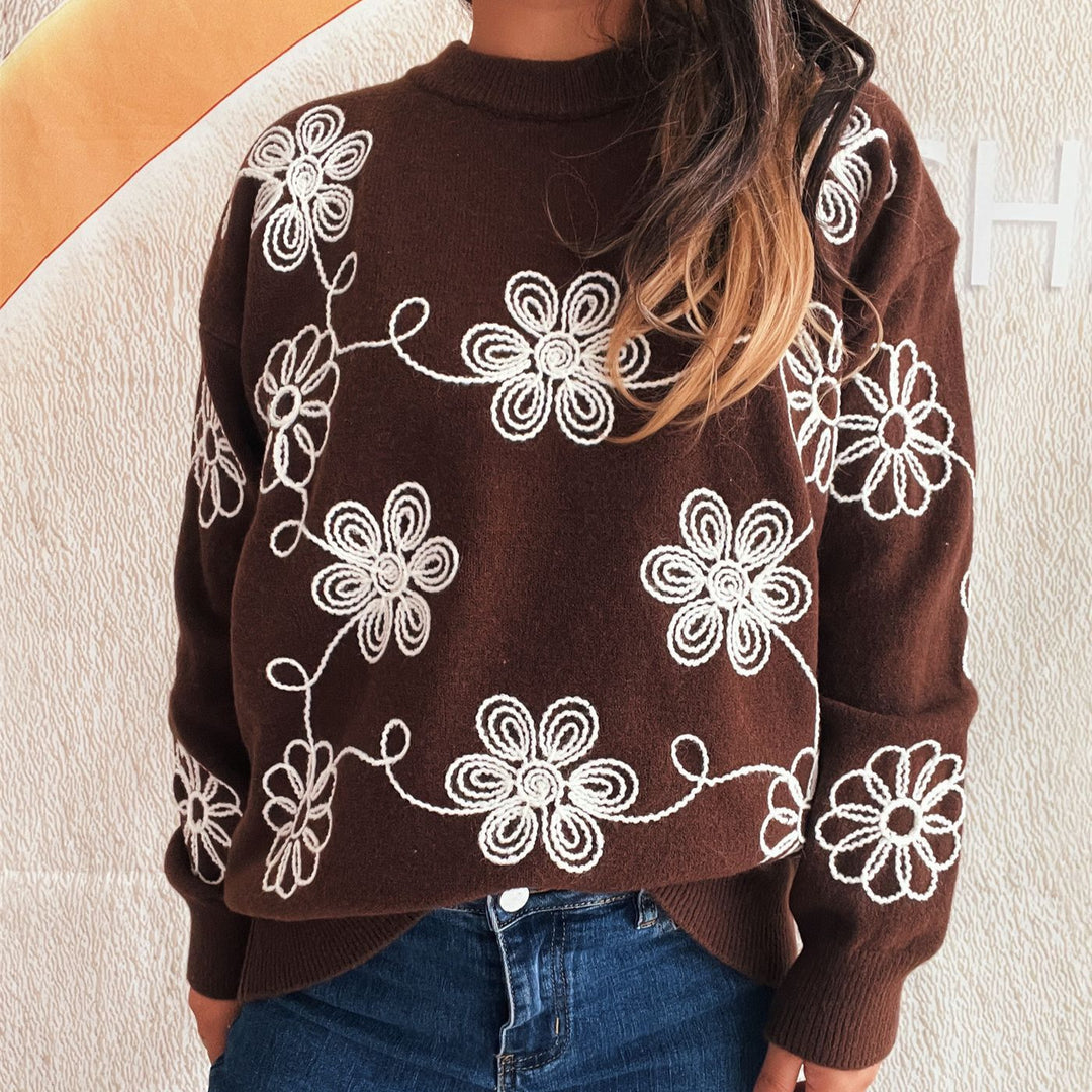 Damen gemütlicher Strickpullover mit floralem Muster und hohem Kragen Drune