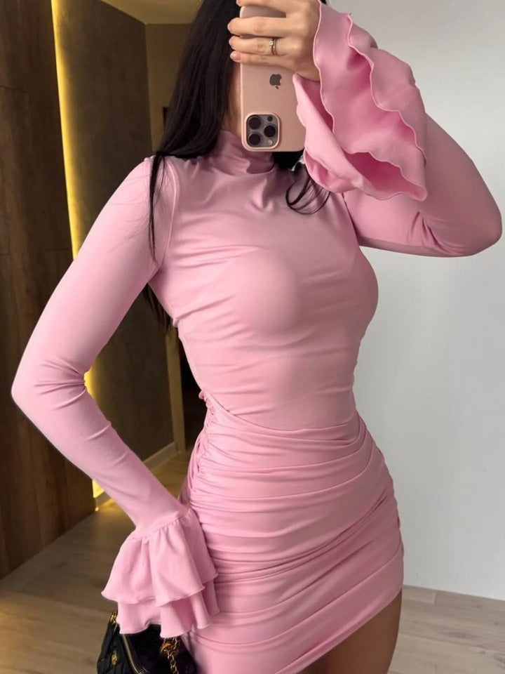 Damen Eng anliegendes Minikleid mit Rüschen-Volantärmeln und geraffter Wickeloptik Drune