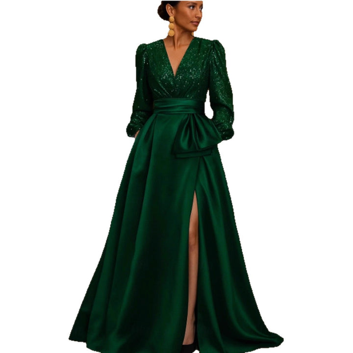 Damen Elegantes Abendkleid mit schimmerndem Oberteil, tiefem V-Ausschnitt und seitlichem Schlitz Drune