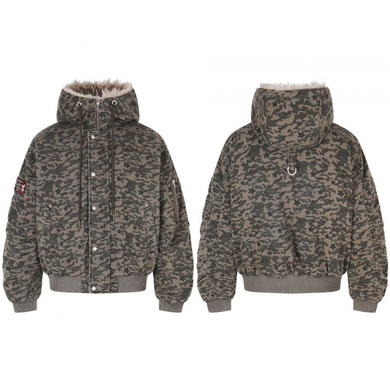 Unisex Weitgeschnittene wattierte Bomberjacke mit Kapuze und Kunstfellbesatz Drune