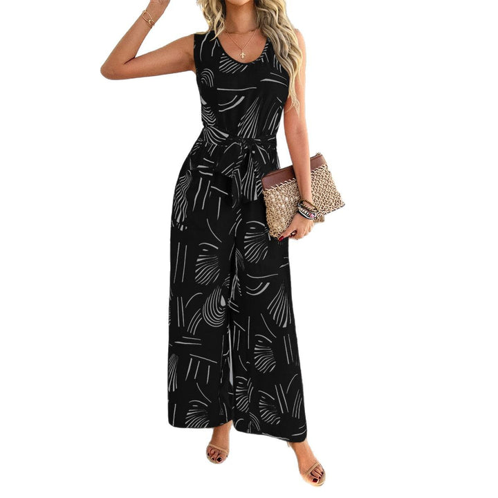 Damen Eleganter Jumpsuit mit Bindegürtel und modernem Grafikdesign Drune