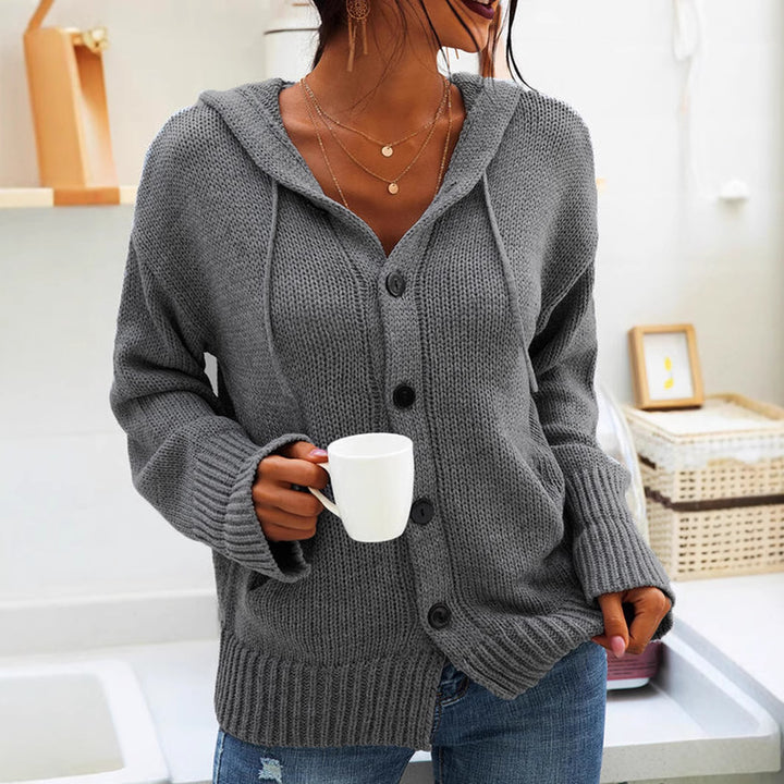 Damen Grobstrickcardigan mit Kapuze und großen Knöpfen Drune