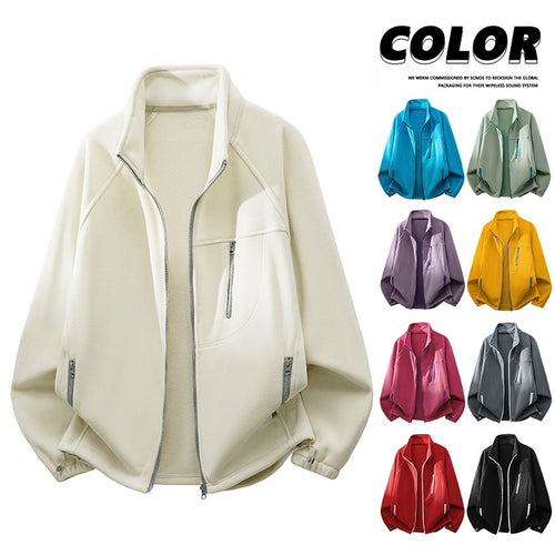 Unisex Leichte Fleecejacke mit Stehkragen, Raglanärmeln und multiplen Reißverschlusstaschen Drune