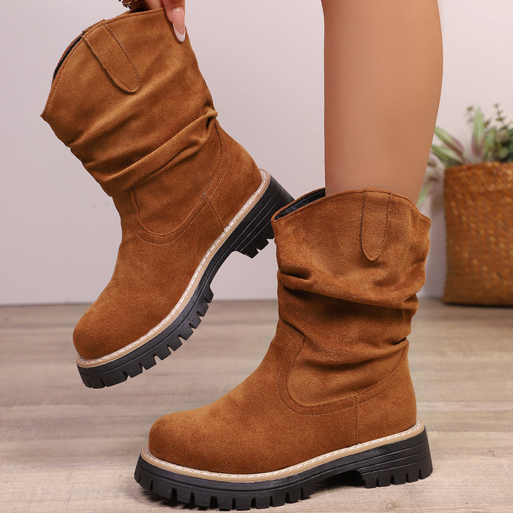 Damen weiche Wildleder-Stiefel mit lässigem Faltenlook und robuster Profilsohle Drune