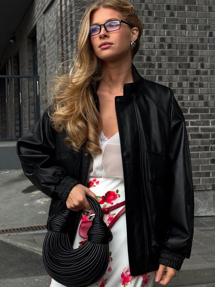Damen Boxy-Lederimitat-Blouson mit Stehkragen und gerafften Bündchen Drune