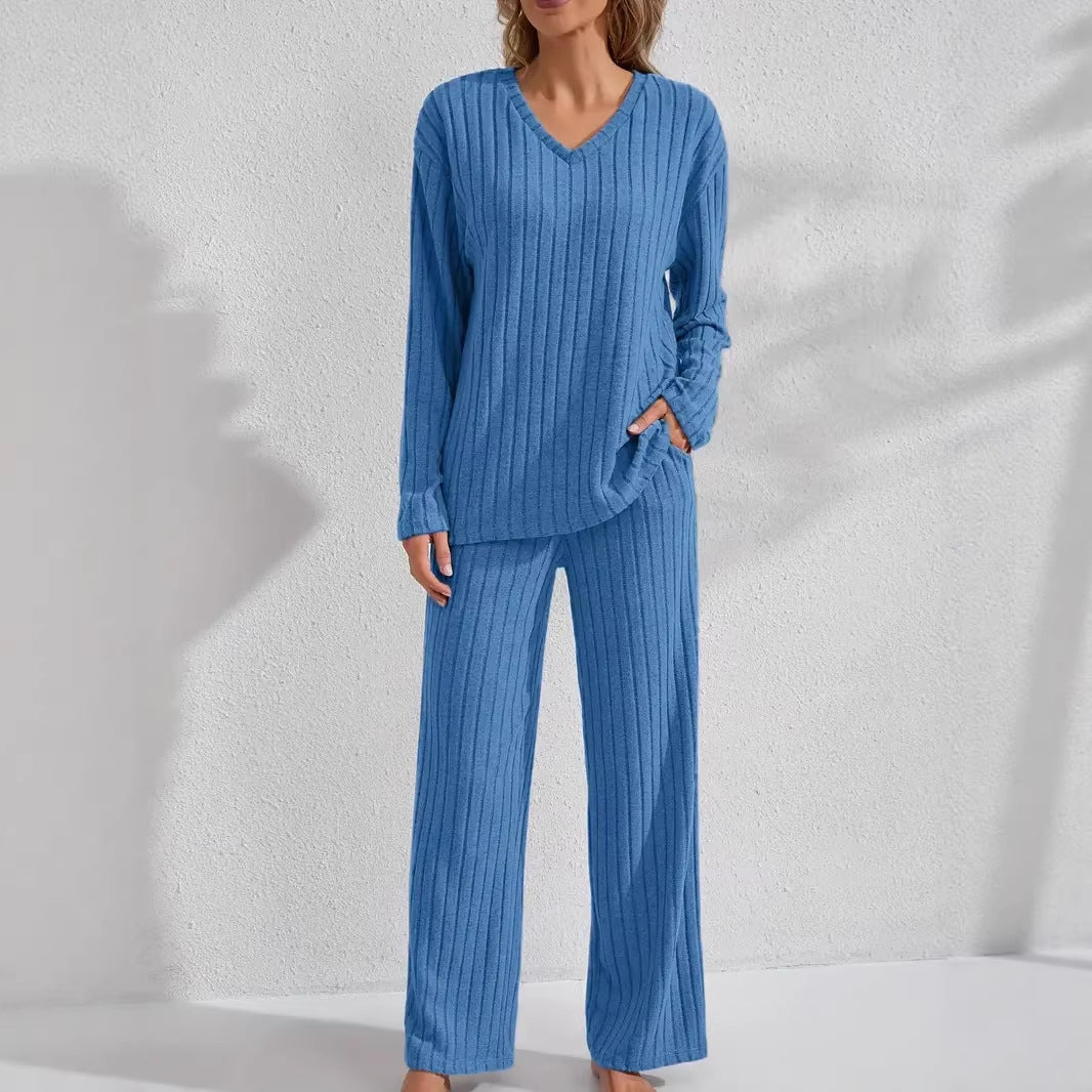 Damen Zweiteiliges geripptes Lounge-Set mit V-Ausschnitt und weitem Bein Drune