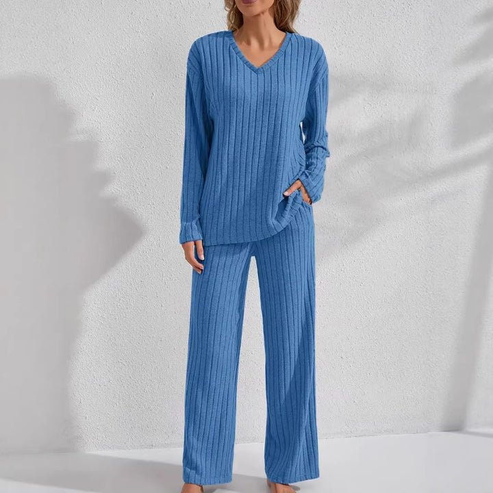 Damen Zweiteiliges geripptes Lounge-Set mit V-Ausschnitt und weitem Bein Drune