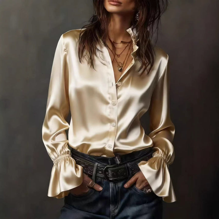 Damen Elegante Seidenbluse mit Raffungen an den Ärmeln Drune