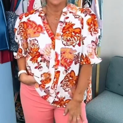 Damen nan lockere Bluse mit gerafften Puffärmeln und Knopfleiste Drune