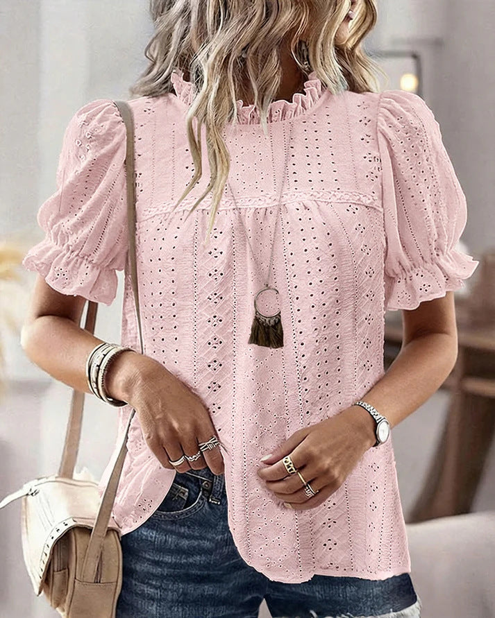 Damen Bluse mit Rüschendetails und Lochmuster Drune
