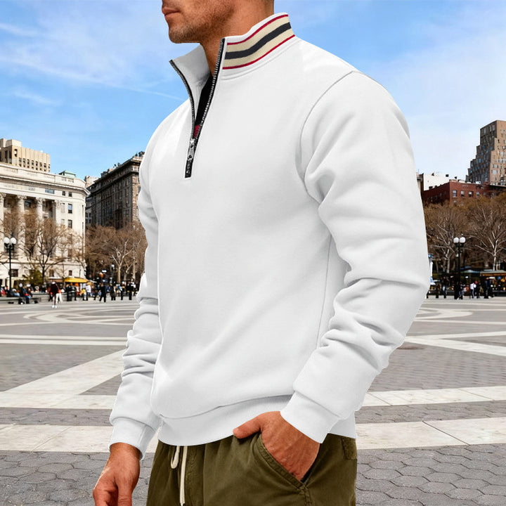 Herren nan Stehkragen-Halbzip-Sweatshirt aus Baumwollfleece mit Kontraststreifen am Kragen und gerippten Bündchen Drune