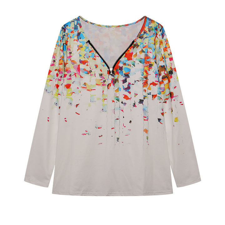 Damen Langarmshirt mit farbenfrohem Blütenmuster und modernem Zipper Drune