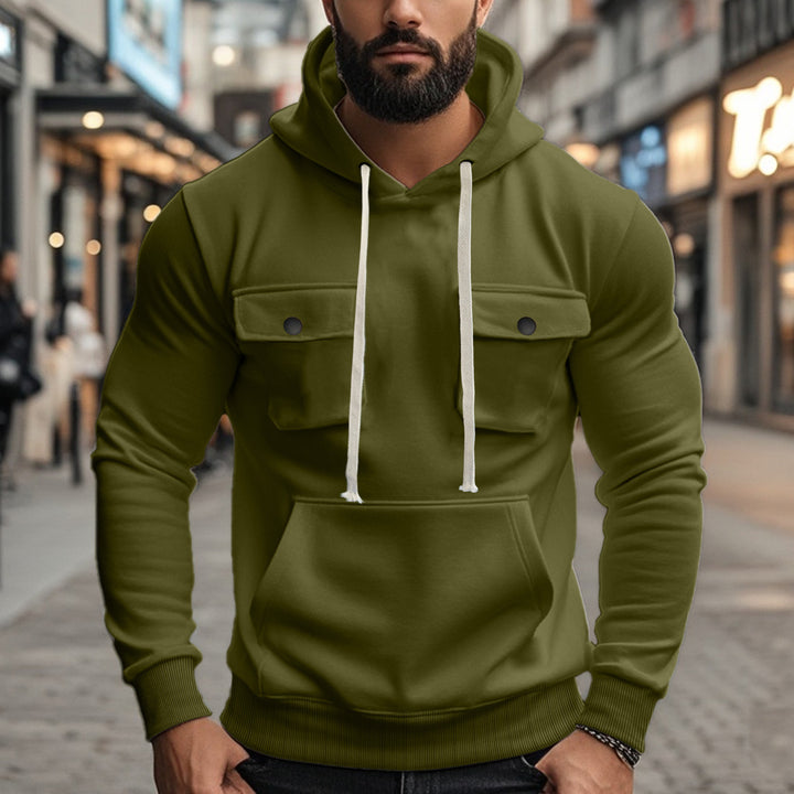 Herren modischer Hoodie mit aufgesetzten Taschen und kontrastierenden Kordeln Drune
