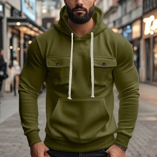 Herren modischer Hoodie mit aufgesetzten Taschen und kontrastierenden Kordeln Drune