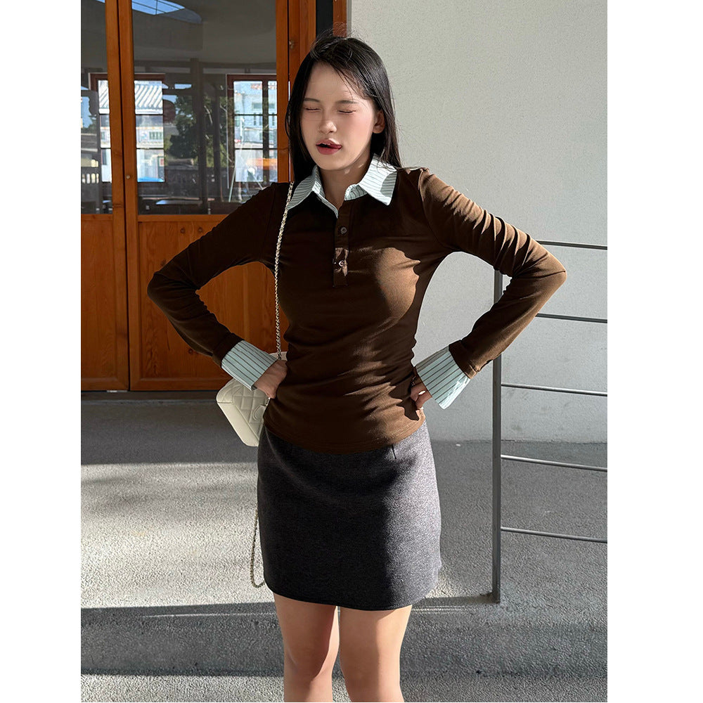 Damen modisches Langarmshirt mit farblich abgesetztem Kragen Drune