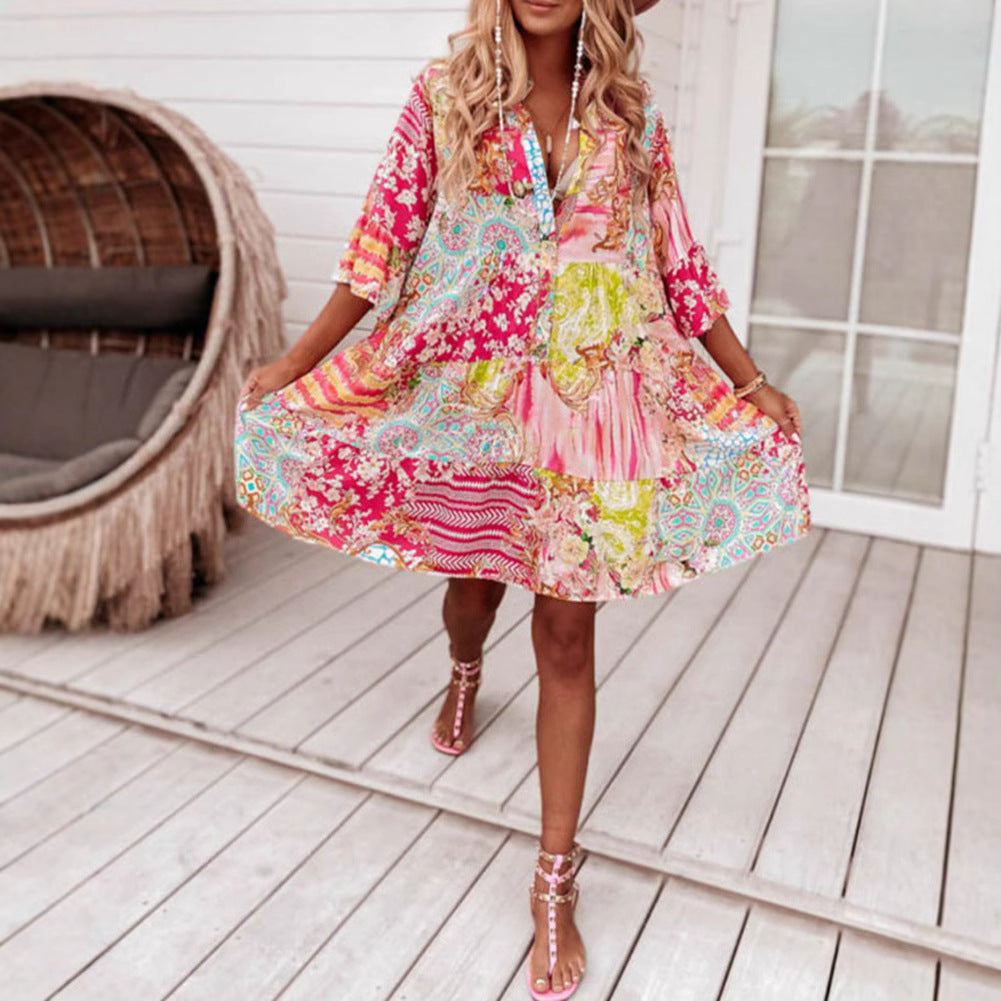 Damen nan Luftiges Stufenkleid im Patchwork-Boho-Stil mit Stehkragen, geraffter Taillennaht und Dreiviertelärmeln Drune