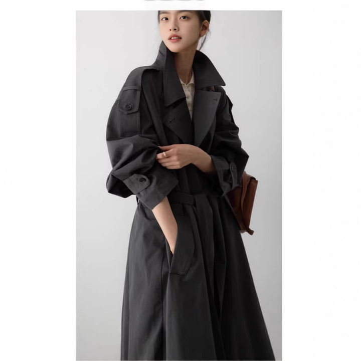 Damen Oversize Maxi-Trenchcoat mit Taillengürtel und doppelter Knopfleiste Drune