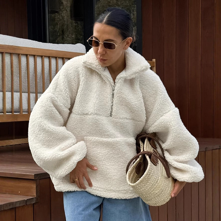 Damen Fleece-Pullover mit hohem Kragen und seitlichen Taschen Drune