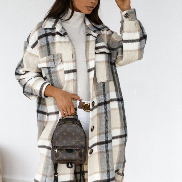 Damen Karierter Wollmantel mit Knopfdetails und praktischen Taschen Drune