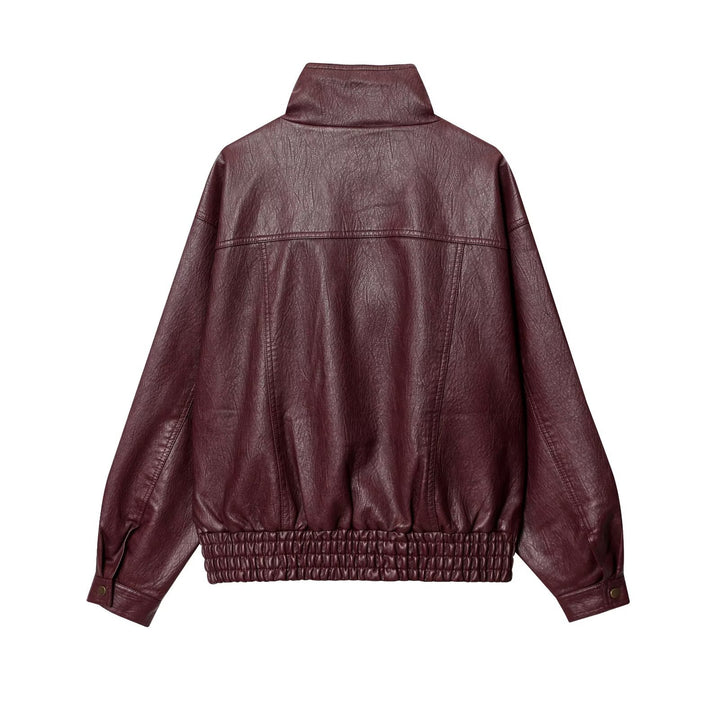 Damen modische Kunstlederjacke mit hohen Kragen und praktischen Knopfdetails Drune