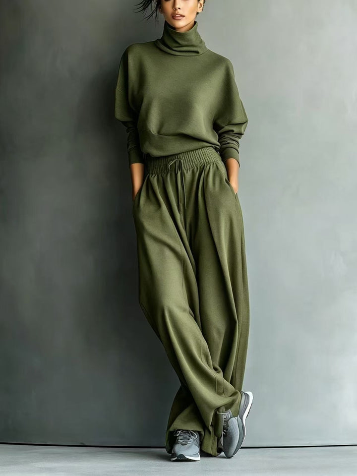 Damen Rollkragen-Loungewear-Set mit Oversize-Oberteil und weitem Gummibund-Hose Drune