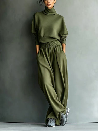 Damen Rollkragen-Loungewear-Set mit Oversize-Oberteil und weitem Gummibund-Hose Drune